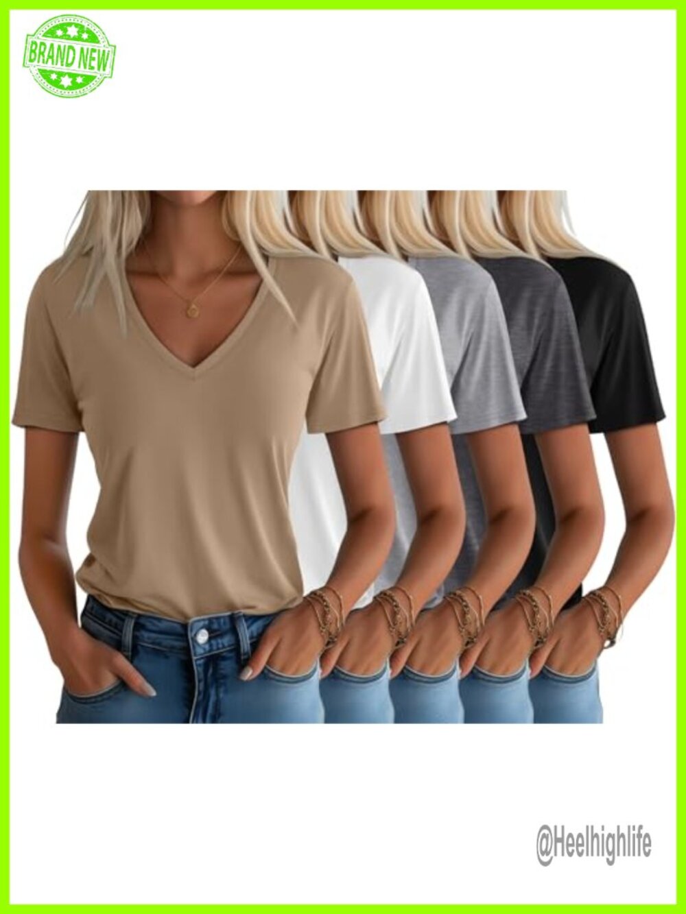Women's V Neck Basic Tees 5 Pack Slim Fit Short Sleeve Casual Top